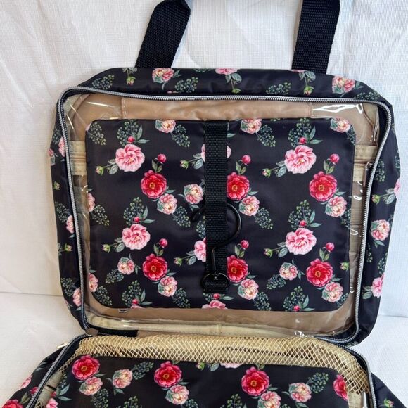 Clearlove NWT Black Floral Print Zip Travel Hanging Toiletry Bag College Dorm - Picture 5 of 9